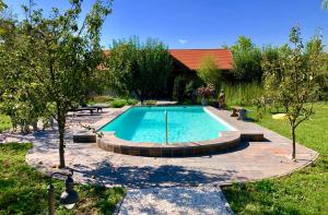TiszaszentimrePatrimonium Wellness Apartments的一座带房子的庭院内的游泳池