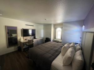圣克鲁兹The Aqua Pacific Hotel的一间卧室配有一张床、一张书桌和一台电视