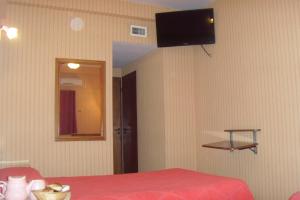 罗萨里奥伊姆巴加多酒店的一间卧室配有一张红色的床和墙上的电视