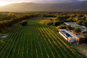 菲加里Domaine de Peretti della Rocca的享有大片绿色田野的空中景致,设有房屋