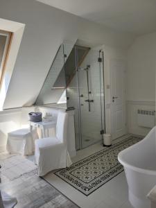 艾尔德贝涅Villa De Dominique的带淋浴、卫生间和楼梯的浴室