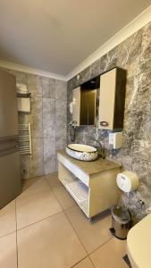 特拉布宗Caykent Suites Deluxe Hotel的一间带水槽和镜子的浴室