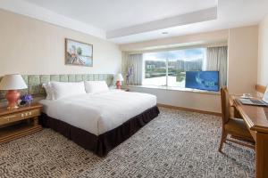 香港丽豪酒店的酒店客房配有一张床、一张书桌和一台电视。