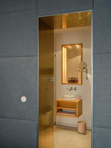 美因河畔法兰克福利波尔提那林登贝格酒店的带淋浴、盥洗盆和镜子的浴室