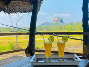 锡吉里亚Lucky Villa Sigiriya的桌上的盘子里放两杯啤酒