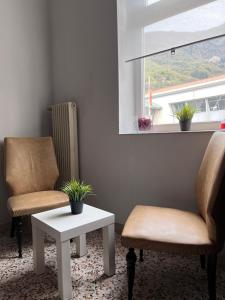 博尔索-德尔格拉帕Appartamenti Ziliotto的窗户客房内的两把椅子和一张桌子