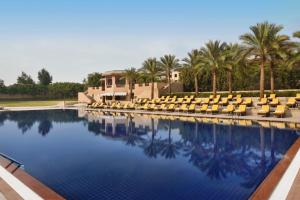 开罗开罗米娜宫万豪酒店的一个带躺椅的游泳池,棕榈树