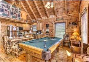 赛维尔维尔Lazy Bear Cabin的带厨房的客房内的台球桌