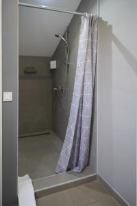 大戈里察Apartments Choice的浴室内设有带紫色淋浴帘的淋浴
