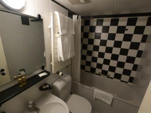 格里门茨Hôtel Cristal - Swiss Riders Lodge Grimentz的一间带卫生间和 ⁇ 制墙的浴室