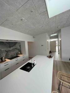 NørresundbyNyt hus fra 2022 med jungle vibe的白色的厨房设有水槽和台面