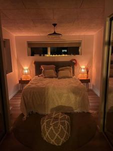 NørresundbyNyt hus fra 2022 med jungle vibe的一间卧室配有一张大床和两盏灯