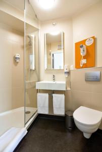 罗兹罗兹市中心B&B酒店的一间带水槽、卫生间和淋浴的浴室