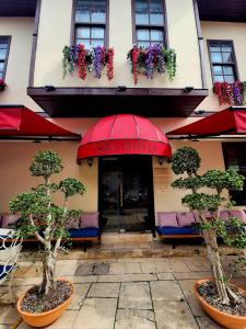 安塔利亚Sofa Hotels Kaleiçi的一间设有红伞、一些树木和椅子的餐厅