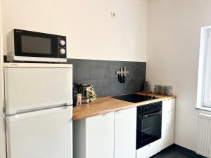 不来梅港Helle, gemütliche Ferienwohnung in Bremerhaven的厨房配有白色冰箱和微波炉