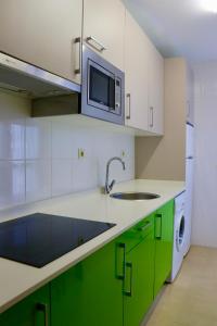 诺哈Playa Home Helgueras con acceso a Spa (AguaMarinaSpa)的一间厨房,配有绿色的橱柜和微波炉