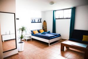 科拉雷侯SURF DREAM House的客厅配有蓝色的沙发和镜子
