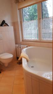 齐陶Galeriecafe und Pension Ambiente的带浴缸、卫生间和窗户的浴室