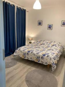 VillecresnesBelle maison2 chambres pres du Paris 80m2的一间卧室配有一张带蓝白色毯子的床