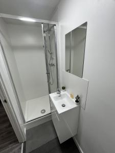 诺丁汉west walk house的白色的浴室设有水槽和镜子