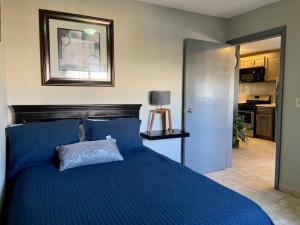 提华纳soler 18的一间卧室配有一张蓝色的床,上面有枕头