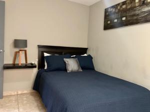 提华纳soler 18的一间卧室配有一张带蓝色棉被的床