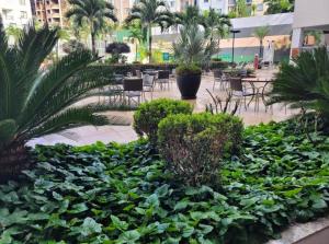 热河市Veredas do Rio Quente Hotel Service的花园种有绿色植物,配有桌椅