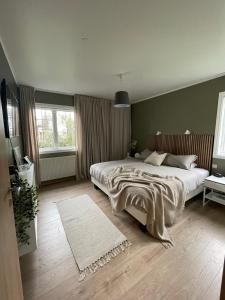 雷克雅未克4-bedroom Villa with private gym and hot-tub的一间卧室设有一张大床和两个窗户。