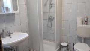 沃尼奥尔茨沃什海吉Főnix Apartmanház的带淋浴、卫生间和盥洗盆的浴室