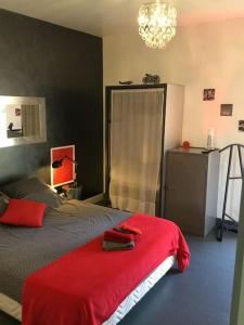 马孔Maison 6/8pers en Bourgogne的一间卧室配有一张床铺,床上铺有红色毯子