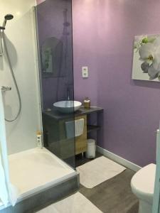 马孔Maison 6/8pers en Bourgogne的紫色浴室设有水槽和卫生间