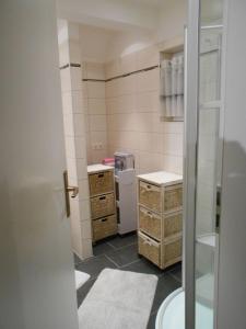 库克斯港Muschelsucher的一间带水槽和冰箱的小浴室
