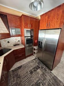塞萨洛尼基Skytrack SA的厨房配有不锈钢冰箱和木制橱柜