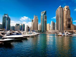 迪拜96 Hostel Dubai的停靠在城市港口的一群船