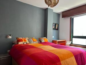 拉科鲁尼亚Apartamento zona Ria do Burgo的一间卧室配有一张大床和色彩缤纷的毯子