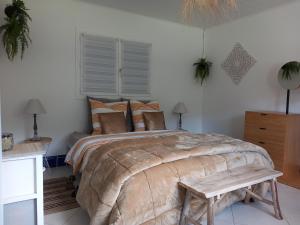 PeyroulesGÎTE LA MOUNTAGNA的一间卧室设有一张大床和一张木凳
