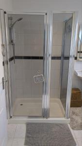 米尔波特Wee Cumbrae View的浴室里设有玻璃门淋浴