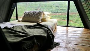 LindulaThe ZenDen-Cozy Cabin Perfect For Couples的一张位于带大窗户的房间内的床铺