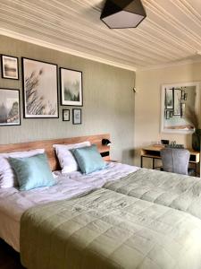 AsparukhovoDrive Point (Adventure Lake Resort)的一间卧室配有一张带蓝色枕头的大床