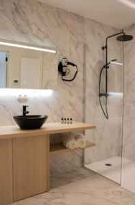 哈瑟尔特B&B elzartwinning的浴室配有盥洗盆和带镜子的淋浴
