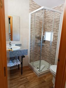 纳瓦伦加Hotel Alma Rosa的带淋浴、盥洗盆和卫生间的浴室