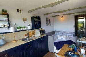 利德福德The Cloves Farm Shepherd’s Hut的一个带水槽的厨房和一张位于客房内的床