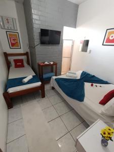 皮雷诺波利斯Pousada Torre dos Mouros的小房间设有两张床和电视