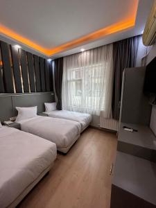 伊斯坦布尔Crowned Plus Hotel的酒店客房设有两张床和电视。