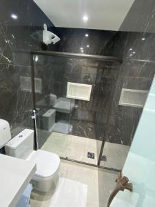 布希奥斯Pousada Amaral Búzios的一间带卫生间和玻璃淋浴间的浴室