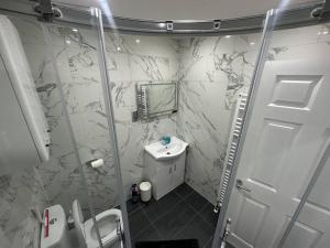 伦敦2 Bedroom house,BrownhillRd SE6的浴室配有卫生间、盥洗盆和淋浴。