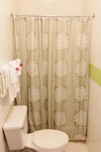 Port Maria加林娜微风酒店的带淋浴帘和卫生间的浴室