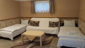 莫悠罗德Kitti Panzió的小房间设有两张床和一张桌子