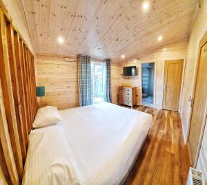 巴洛赫MAC Skyline Lodges的木制客房内的一间卧室配有一张大床