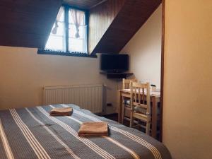 摩拉瓦新村Ubytování Medlov的一间卧室配有一张床、一张书桌和一个窗户。